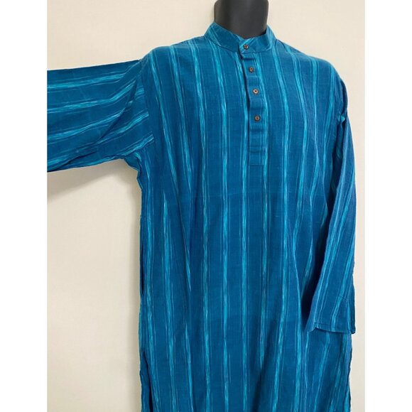 Prabartana Men's Punjabi Kurta 100% Cotton Hand Loomed Blue Teal Striped Tunic - Picture 4 of 12
